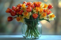 Fresh spring bouquet of orange tulips and yellow daffodils arranged in glass mason jar with soft bokeh background, natural window lighting creates warm mood.