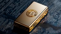Golden cryptocurrency hardware wallet with digital currency symbol on circuit board background reflecting modern financial technology and digital money storage.