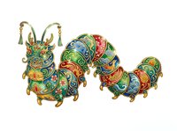 Decorative ornamental beetles with intricate colorful patterns, gold accents, and detailed enamel work isolated on white background for design projects.