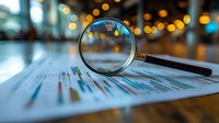 Magnifying glass on financial charts and graphs with blurred bokeh lights background, business analysis and research concept for investment decisions.