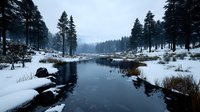Tranquil winter river meandering through snow-covered forest landscape with tall pine trees, rocks, and dried grass reflecting in dark waters at dusk.
