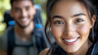 Young Asian woman smiling outdoors with bright natural lighting and blurred male figure in background wearing backpack, portraying active lifestyle and friendship.
