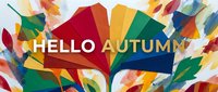 Colorful autumn leaves in red, yellow, green, and orange tones arranged on white background with Hello Autumn text overlay. Isolated design element suitable for seasonal marketing, greeting cards, and fall promotional materials.