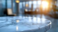Luxurious white marble table corner with soft bokeh background and warm sunlight reflections creates elegant atmosphere for restaurant interior design.