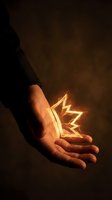 Hand holding glowing neon lightning bolt symbol against dark background. Concept for energy, power, innovation, and creative ideas for business and technology designs.