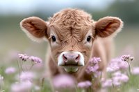 Young brown Highland calf with fluffy fur peering through pink wildflowers in meadow, close-up portrait showing curious expression and gentle eyes.