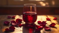 Glass of red wine surrounded by scattered rose petals on wooden table with warm candlelight creating romantic atmosphere for dinner date celebration.