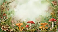 Watercolor illustration of enchanted forest floor with red and golden mushrooms, ferns, and wildflowers in soft green and cream tones. Suitable for children's book illustrations, nature-themed designs, and botanical artwork.