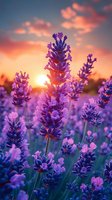 Purple lavender flowers blooming in field during golden sunset with dramatic orange clouds in sky. Aromatic herb garden landscape for wellness and relaxation themes.