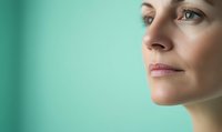 Side profile portrait of young Caucasian woman with natural makeup against turquoise background, soft lighting highlights facial features and skin texture.