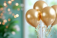 Elegant gold balloons with sparkly bokeh background and festive streamers create celebratory party atmosphere for special occasions and events.