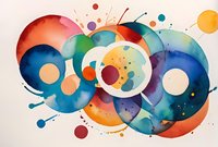 Abstract watercolor circles in vibrant blue, orange, and teal tones with splatter effects create dynamic composition against white background. Fluid art suitable for modern decor.