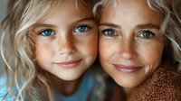 Blonde mother and daughter with blue eyes share tender moment in close-up portrait. Natural freckles and genuine smiles showcase family bond and generational beauty.