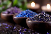 Aromatic dried lavender and cornflower petals in wooden bowls on rustic table with glowing candles in background, creating spa and wellness atmosphere.