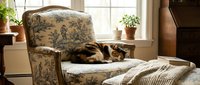 Tabby cat resting on upholstered armchair with toile pattern near bright window, potted plants, and striped bedding in cozy bedroom interior.