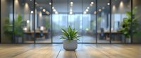 Small green plant in white ceramic pot on wooden table against modern office interior with glass walls and blurred background showing workspace.