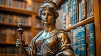 Bronze statue of classical goddess holding torch in traditional library setting with antique books and wooden shelves, dramatic lighting creates scholarly atmosphere.
