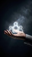 Businessman hand holding glowing neon people icons with smoke effect against dark background, representing team management, networking, and human resources concepts.