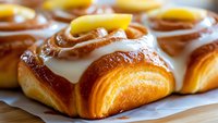 Fresh baked sweet rolls with vanilla cream glaze and peach slices on top, photographed with selective focus showing golden pastry texture and dripping icing.