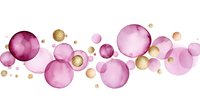 Pink and gold watercolor bubbles floating in horizontal arrangement, soft rose spheres with metallic accents create elegant border pattern for design projects.