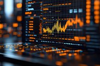 Financial market data visualization with glowing orange graphs and charts on digital display screen showing stock market trends and analysis in dark setting.