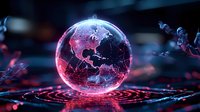 Glowing digital Earth globe with network connections and red illumination on dark background, floating above reflective surface with particle effects.