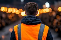 Male worker in safety orange reflective vest viewed from behind against blurred bokeh lights at dusk, creating atmospheric industrial scene.