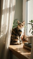 Tabby and white cat sitting on wooden windowsill beside potted plants and books, sunlight streaming through sheer curtains, cozy home interior scene.