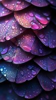 Water droplets on dark purple flower petals create magical macro photography effect with pink and blue gradient tones, showing nature's delicate details.
