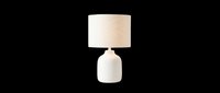 Minimalist table lamp with cream cylindrical shade and white ceramic base, isolated on transparent background, ready for interior design, product mockups, and digital compositing projects.