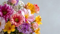 Vibrant mixed flower bouquet with pink daisies, yellow blooms and purple flowers on white background for spring decoration and floral design projects.