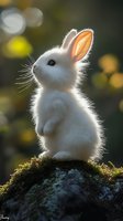 White baby rabbit with backlit fur standing on mossy rock against blurred bokeh background in golden evening light. Magical forest atmosphere for nature photography.