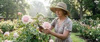 Middle-aged woman with light skin tone wearing straw hat and floral dress tending pink roses in lush garden during golden hour sunlight, suitable for gardening, lifestyle, and nature content.