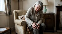 Senior Caucasian woman experiencing knee pain while sitting in comfortable armchair at home, arthritis and joint health concept for elderly care.