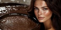 Young woman with glowing skin and glitter makeup near melted dark chocolate swirl, luxury beauty and cosmetics concept for advertising campaigns.