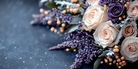 Romantic floral arrangement with blush pink roses and purple lavender sprigs against dark moody background, accented with peach berries, creating elegant contrast.