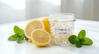 Vitamin C and zinc supplement capsules in glass jar with fresh lemon slices and mint leaves on white surface for immune system support and wellness.