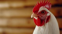 White rooster with red comb and wattles in rustic farm setting. Domestic poultry bird portrait for agricultural and farming concepts.