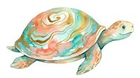 Colorful sea turtle with swirling patterns in coral, turquoise, and gold tones, isolated on white background. Suitable for children's designs, educational materials, and decorative projects.