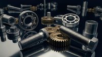 Industrial mechanical parts collection featuring gears, bearings, bolts and precision components for manufacturing and engineering applications.