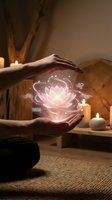 Hands protecting glowing lotus flower with mystical symbols in serene spa environment with candles for meditation and spiritual wellness practices.