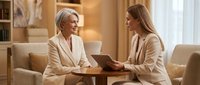 Two professional businesswomen in elegant beige suits having productive meeting in modern office lounge discussing strategy and collaboration.
