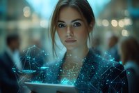 Young businesswoman using digital tablet with glowing network visualization overlay, blue technology concept against blurred office background.