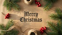Merry Christmas calligraphy text on kraft paper surrounded by fir branches, red berries, and twine for holiday greeting cards.