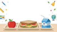 Back to school lunch setup with red apple, sandwich and milk carton on wooden desk, isolated clipart for educational materials, posters and design projects.