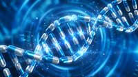 DNA double helix structure with glowing blue light effects and digital particles for biotechnology and genetic research presentations.