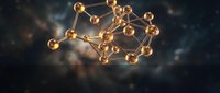 Golden molecular structure with interconnected spheres and bonds floating in dark space for scientific research and chemistry education concepts.