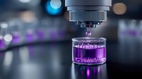 Laboratory microscope lens focused on purple liquid sample in glass container with bubbles against dark background with bokeh lights.