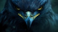Dramatic close-up of fierce eagle with glowing yellow eyes and sharp curved beak against dark background, creating mysterious and powerful atmosphere for nature designs.