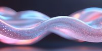 Glowing wavy lines with sparkling particles in pink and blue colors creating abstract fluid motion effect against dark background.